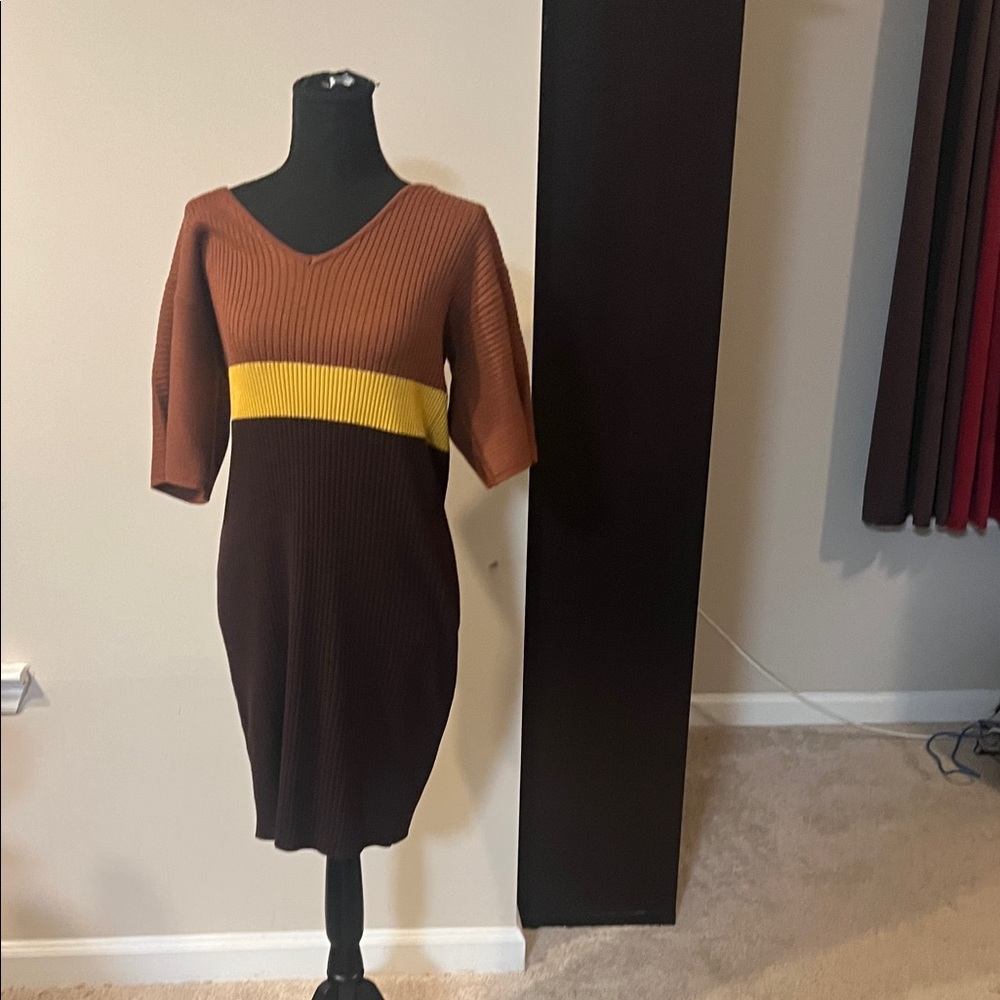 Almost Famous Brown and Yellow Color Block Midi Dress